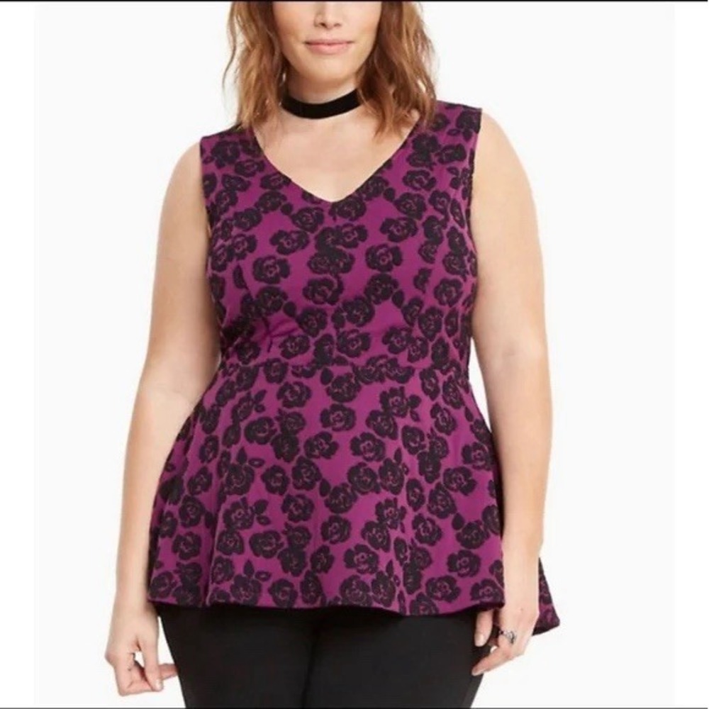 Torrid 00 US L Peplum Top Flocked Floral Rose Purple Whimsigoth Punk Grunge Punk